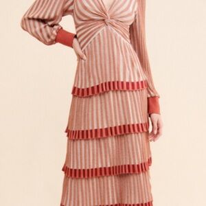Deep V Cecilia Prada Chic Long Sleeve Striped Dress in Rust and Tan